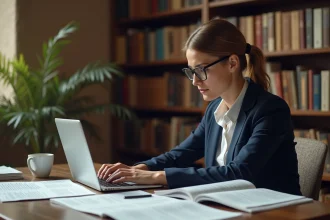 Chercheuse universitaire consultant le site Alliance Sciences Société dans son bureau académique entouré de revues scientifiques