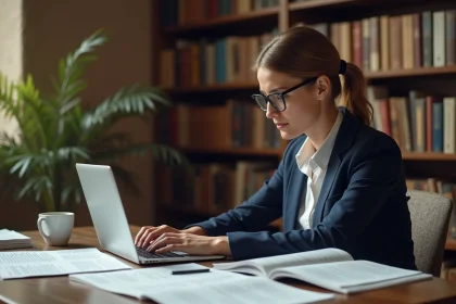 Chercheuse universitaire consultant le site Alliance Sciences Société dans son bureau académique entouré de revues scientifiques