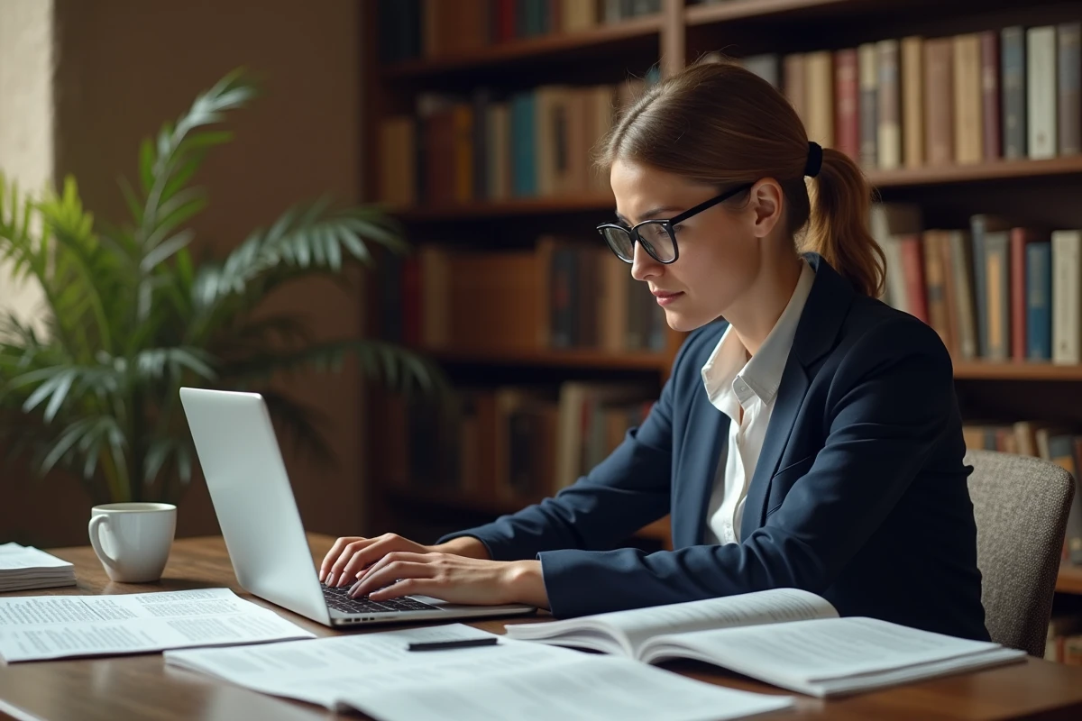 Chercheuse universitaire consultant le site Alliance Sciences Société dans son bureau académique entouré de revues scientifiques