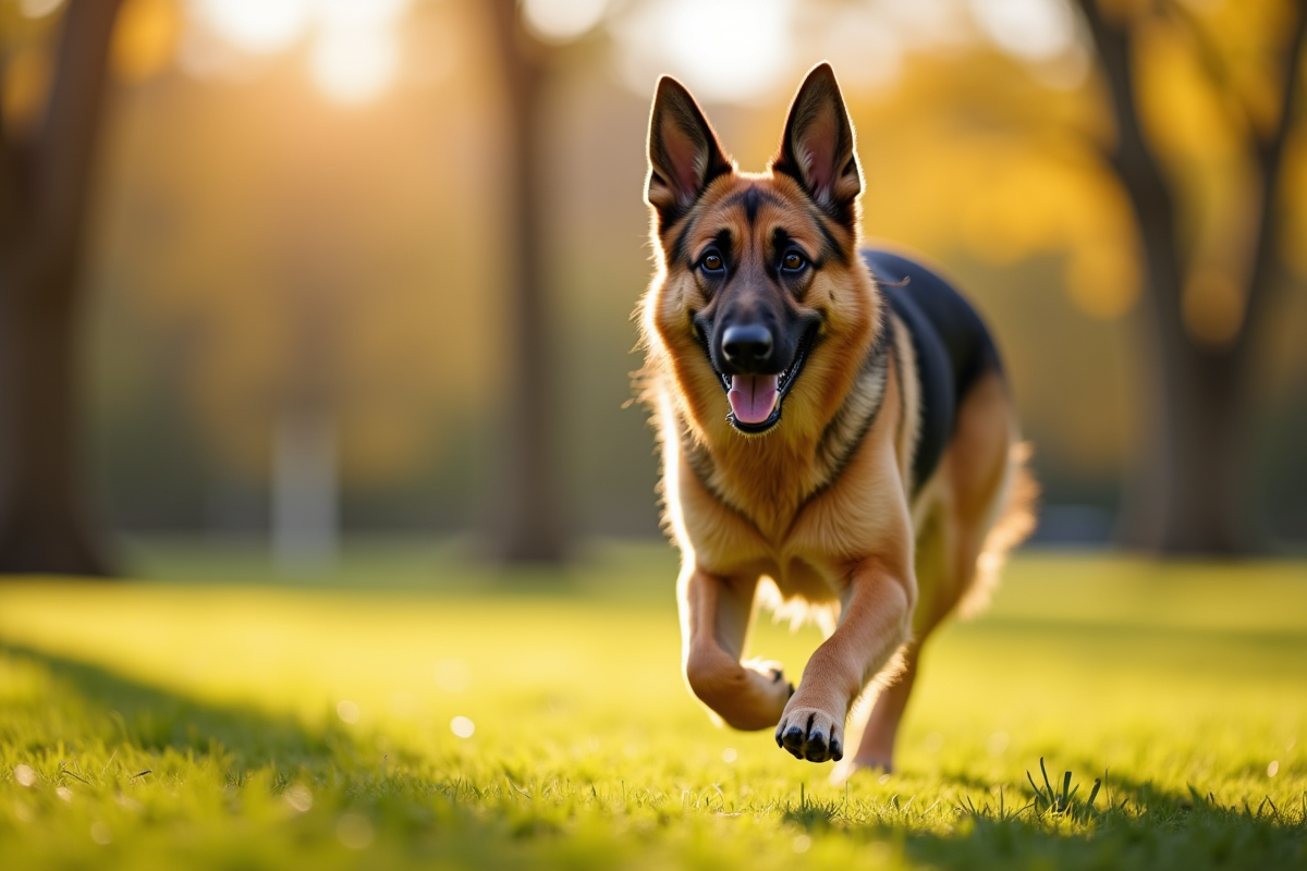 Chien allemand en pleine course dans un parc ensoleille