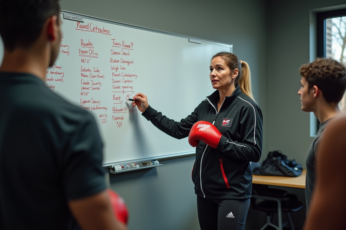 Entraîneuse de boxe expliquant des stratégies à des jeunes