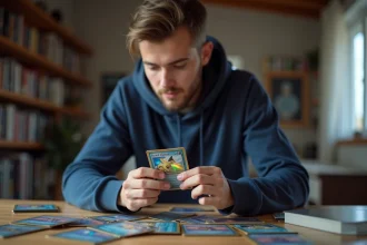 Jeune homme adulte tenant une carte Pokémon holographique et l'examinant de près à son bureau de collectionneur
