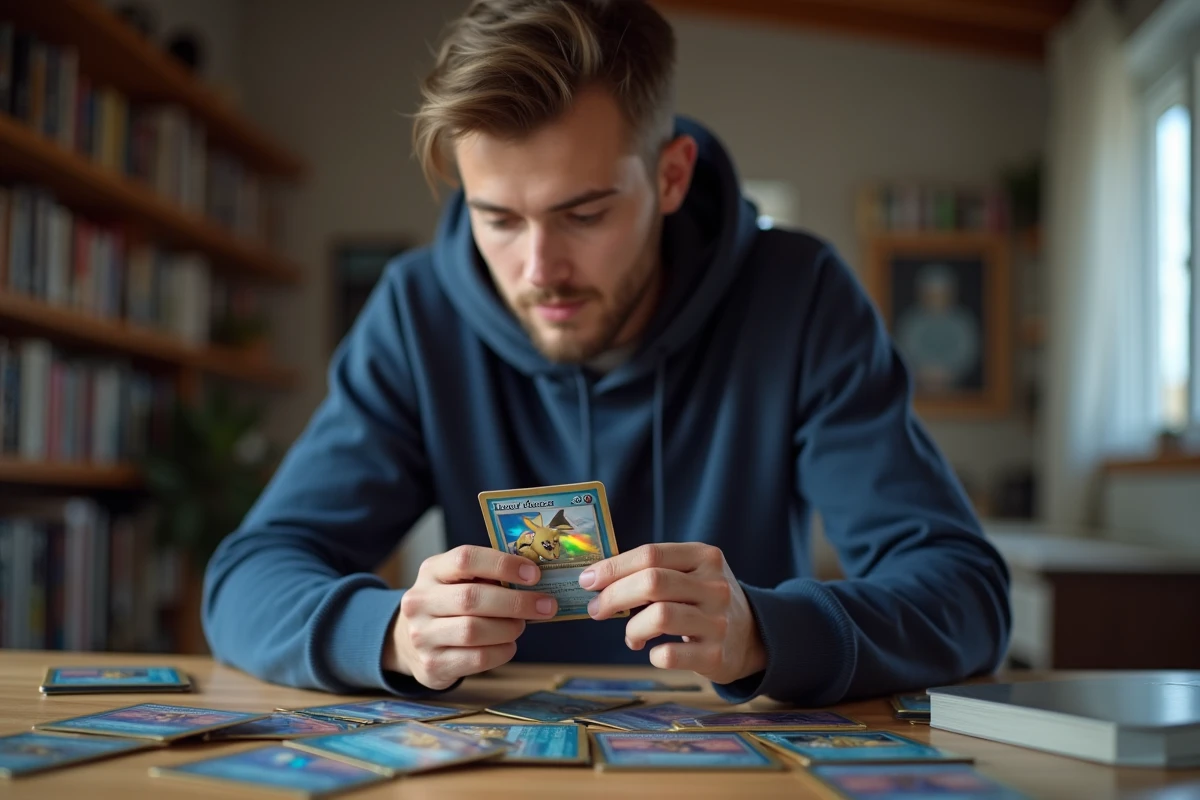Jeune homme adulte tenant une carte Pokémon holographique et l'examinant de près à son bureau de collectionneur