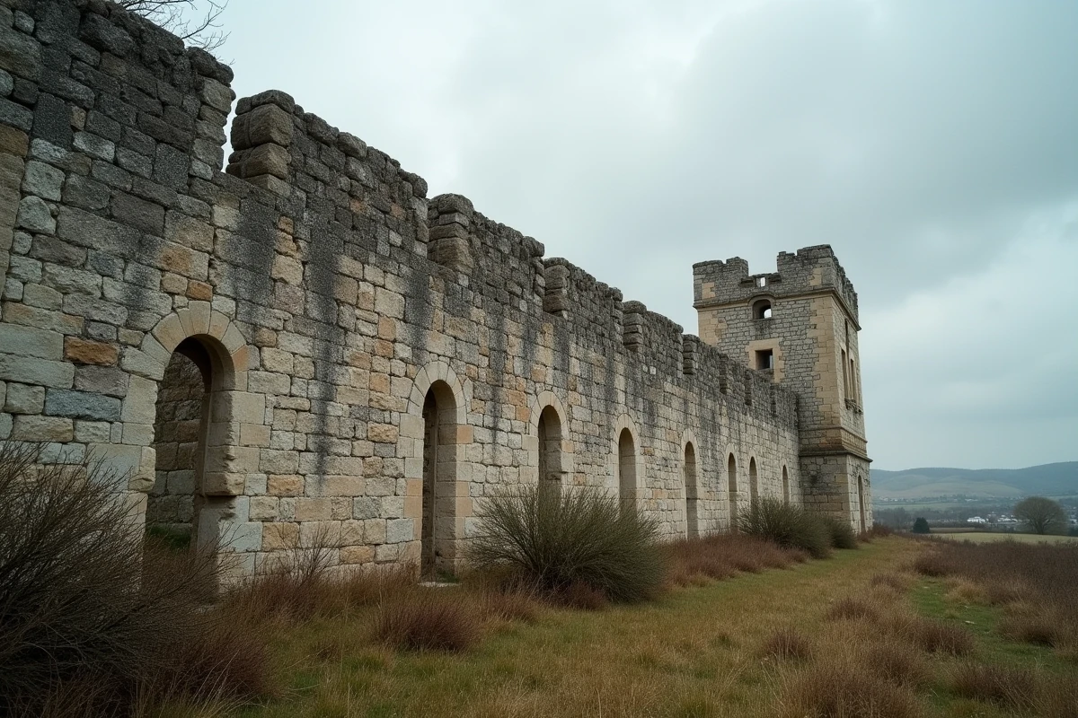 Mur extérieur d'une commanderie templière en ruine avec des symboles gravés visibles sur la façade en pierre