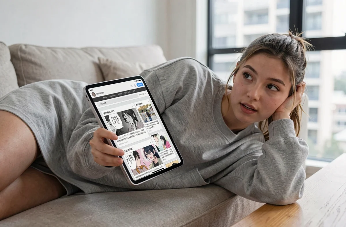 Jeune femme consultant un comparatif de plateformes de scan manga sur tablette, lecture de Demon Slayer en ligne en 2026