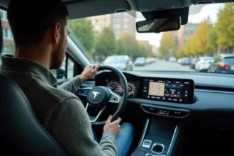 Homme en voiture hybride urbaine au volant détendu