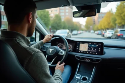 Homme en voiture hybride urbaine au volant détendu