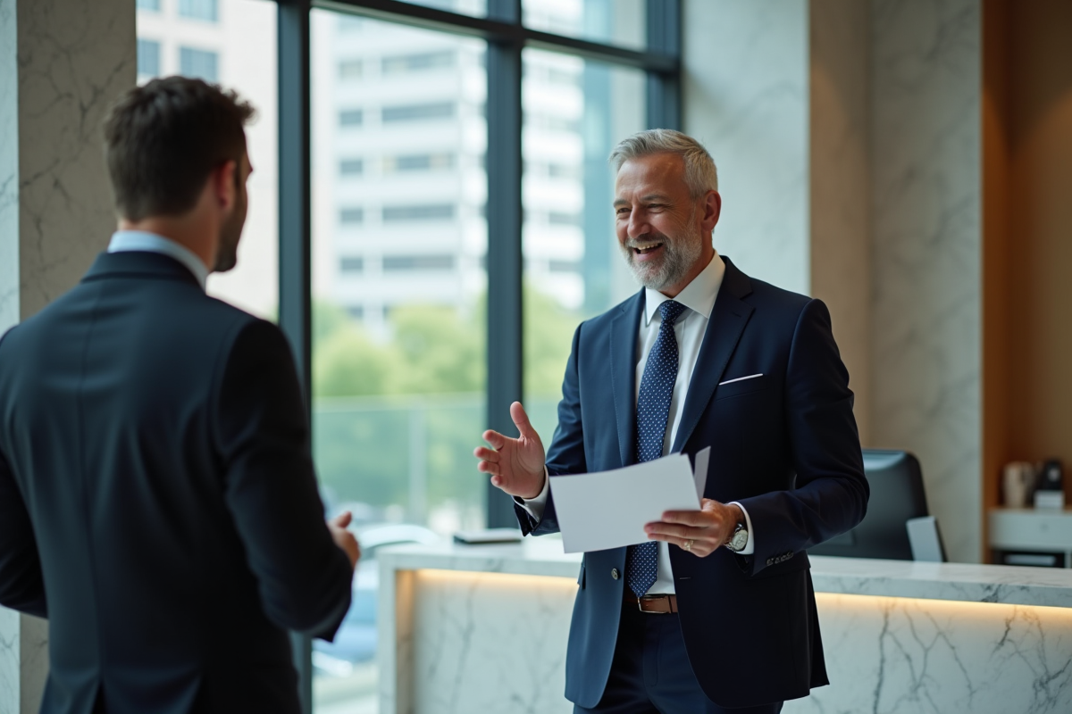 Conseiller bancaire discutant avec un client dans une agence moderne