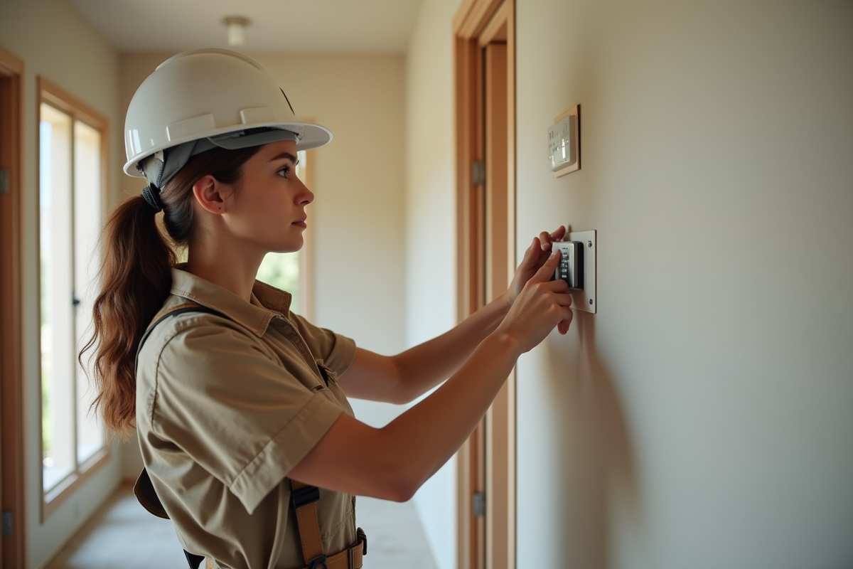 Jeune femme vérifiant un thermostat dans un couloir