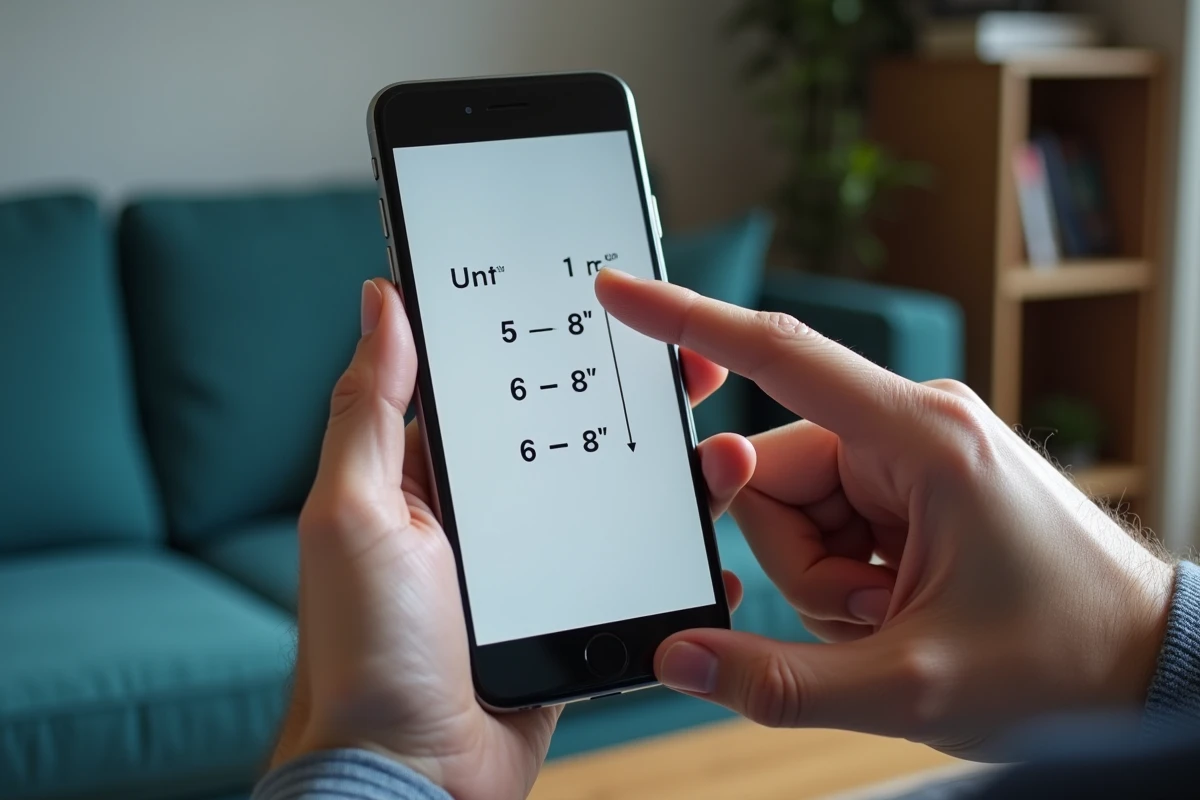 Mains comparant une conversion de pouces en centimètres sur un écran de smartphone