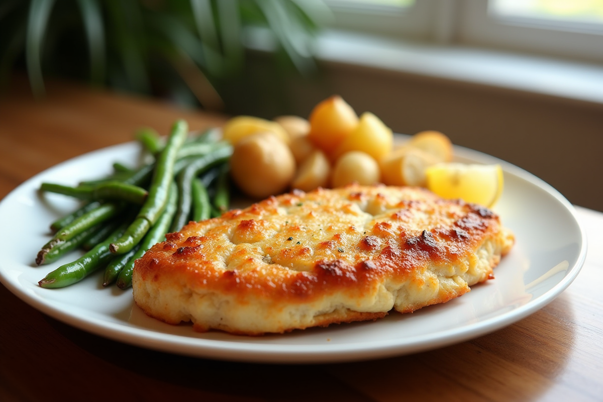 Cordon bleu doré et croustillant servi avec légumes verts