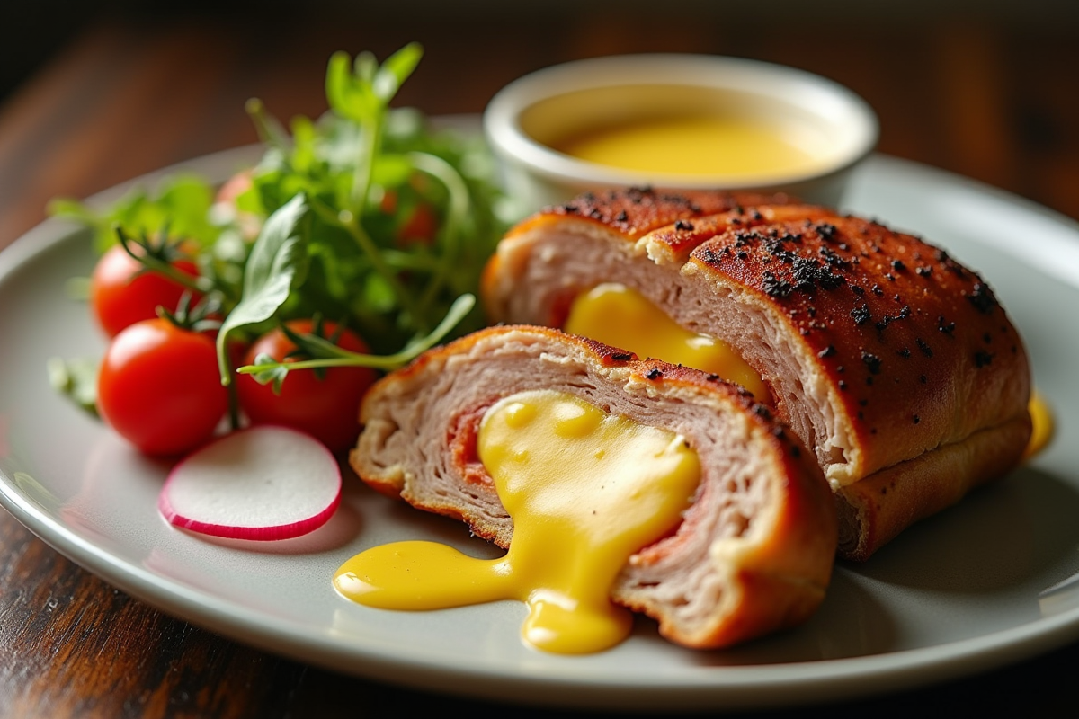 Cordon bleu tranché avec salade colorée et sauce moutarde