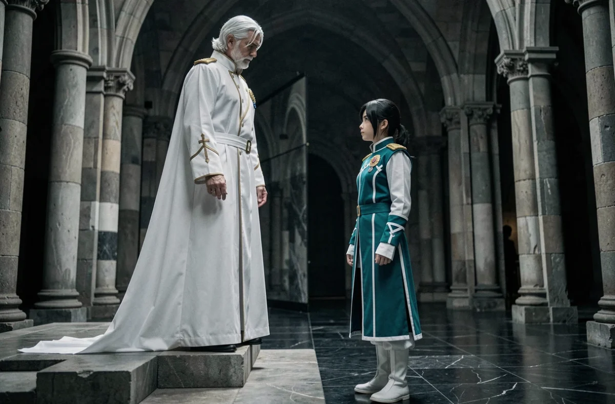 Deux cosplayers incarnant Aizen et Halibel dans une salle du trône gothique évoquant leur relation hiérarchique