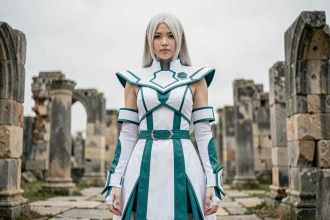 Cosplayeuse incarnant Halibel de Bleach en costume blanc et turquoise devant des ruines de pierre