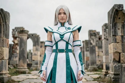 Cosplayeuse incarnant Halibel de Bleach en costume blanc et turquoise devant des ruines de pierre