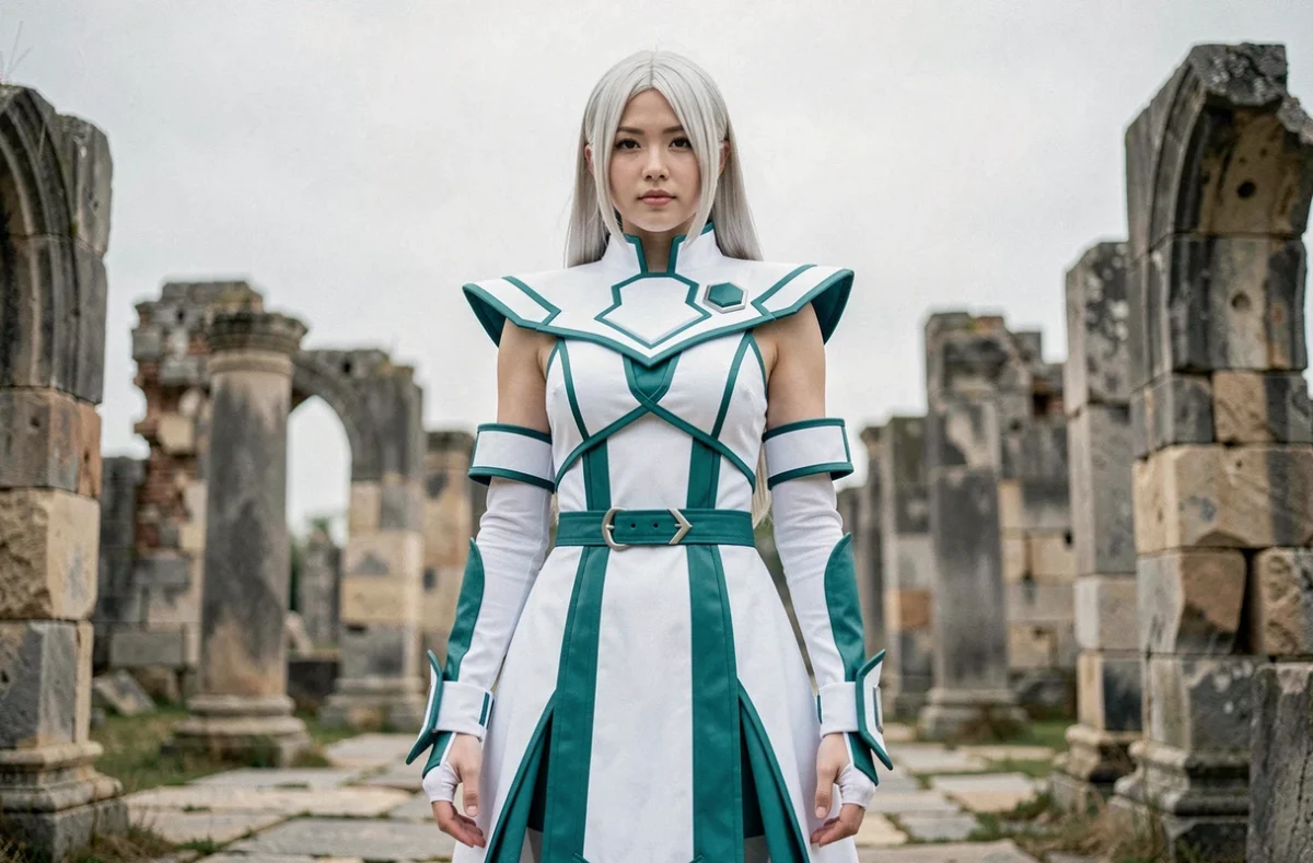 Cosplayeuse incarnant Halibel de Bleach en costume blanc et turquoise devant des ruines de pierre