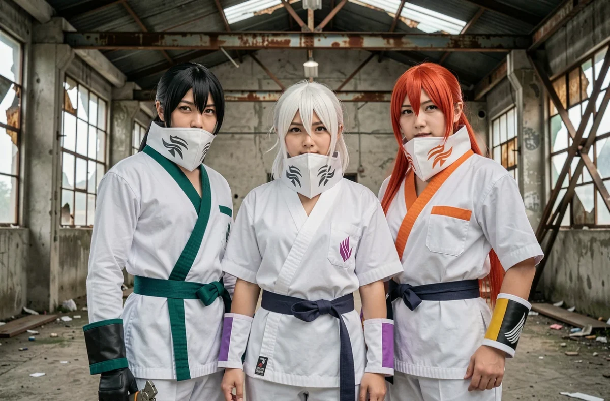 Trio de cosplayers en uniformes blancs d'Espadas dans un entrepôt industriel évoquant la loyauté entre Halibel et ses fracción