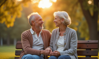 Couple d'âge moyen souriant main dans la main dans un parc ensoleille