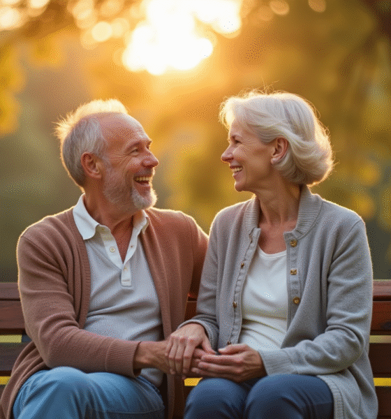 Couple d'âge moyen souriant main dans la main dans un parc ensoleille