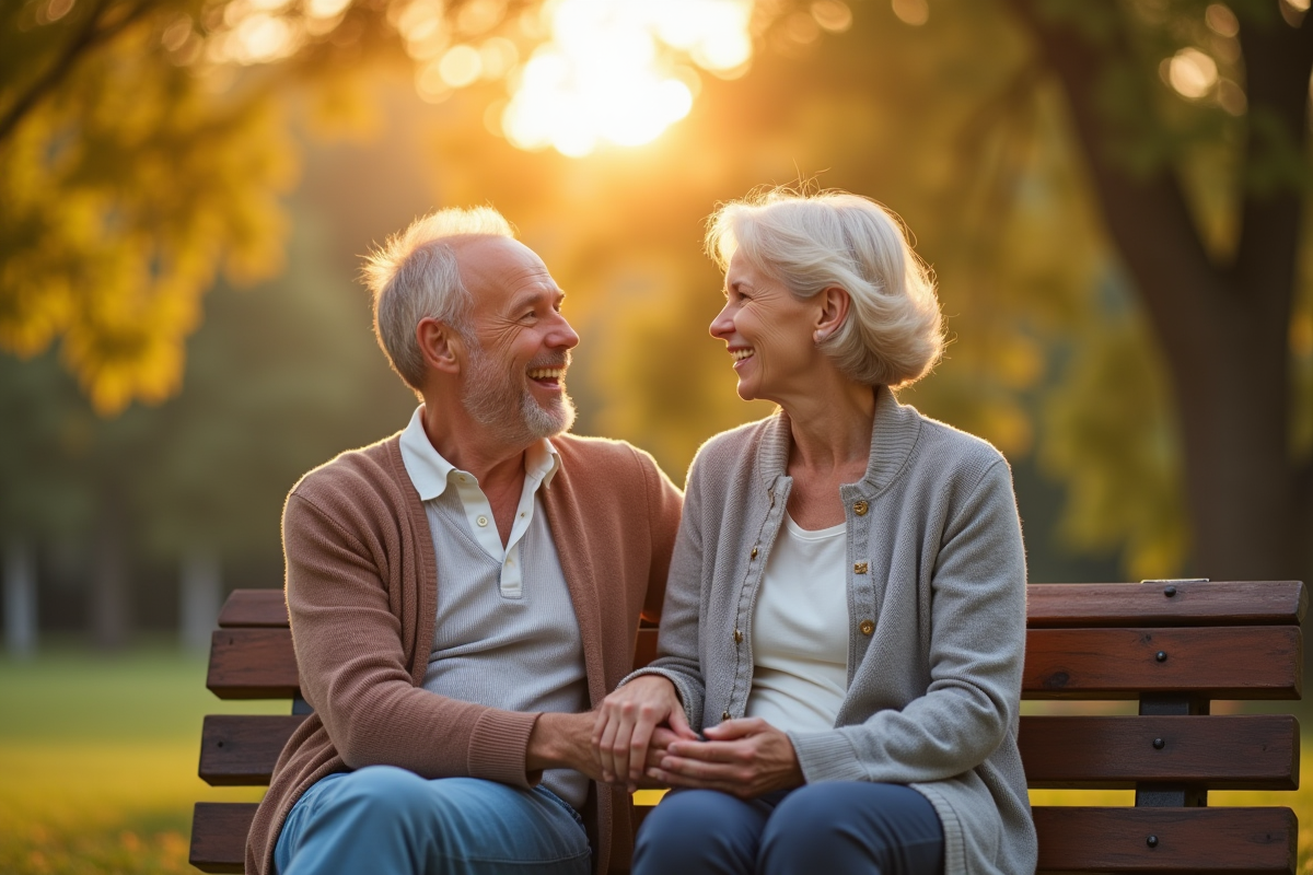 Couple d'âge moyen souriant main dans la main dans un parc ensoleille