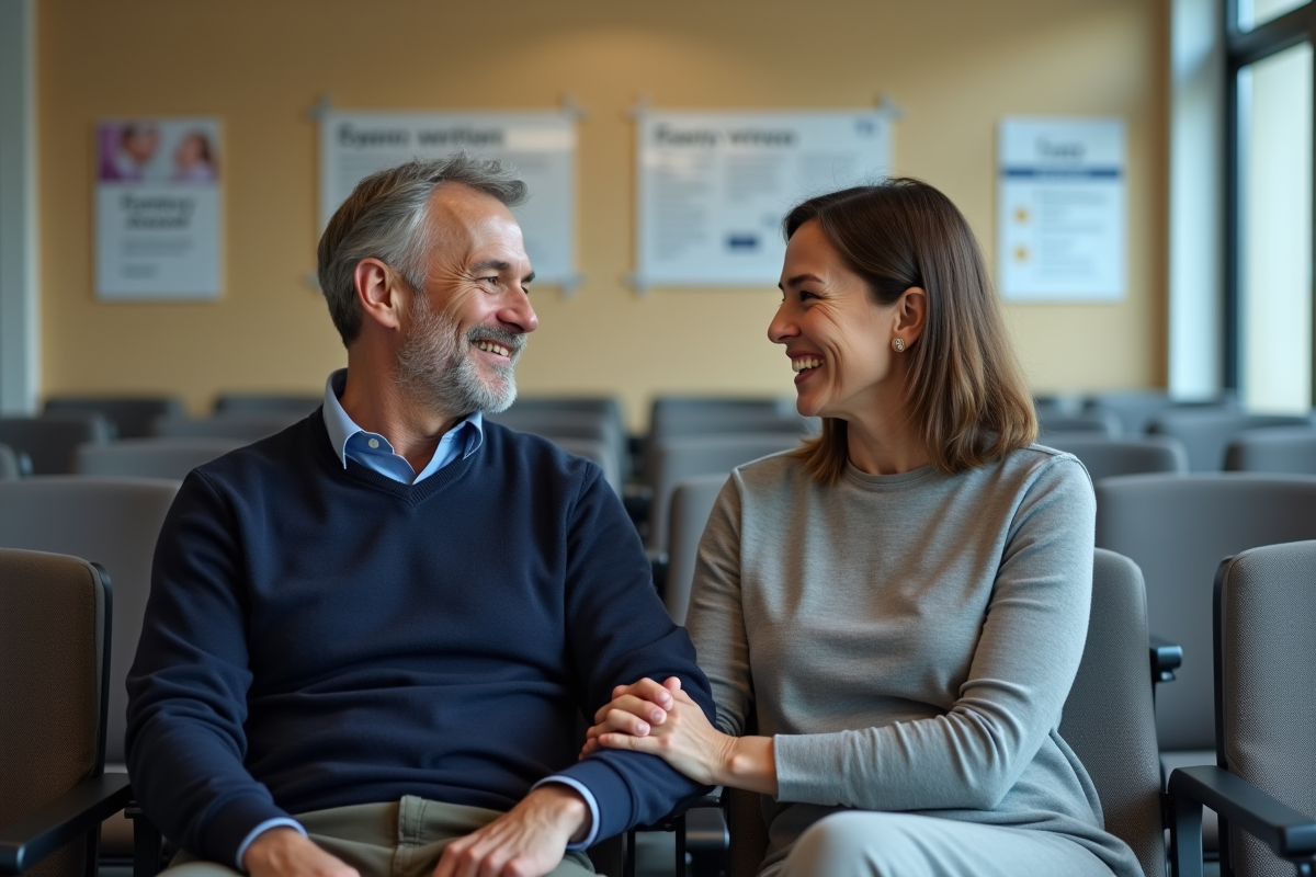 Couple d adultes souriant en attente dans un bureau officiel