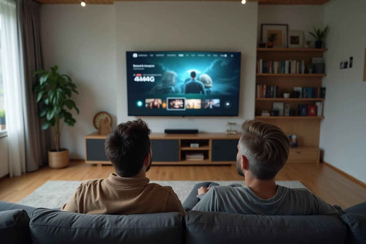 Couple choisissant le film du jour ensemble devant un téléviseur connecté dans un salon moderne et minimaliste