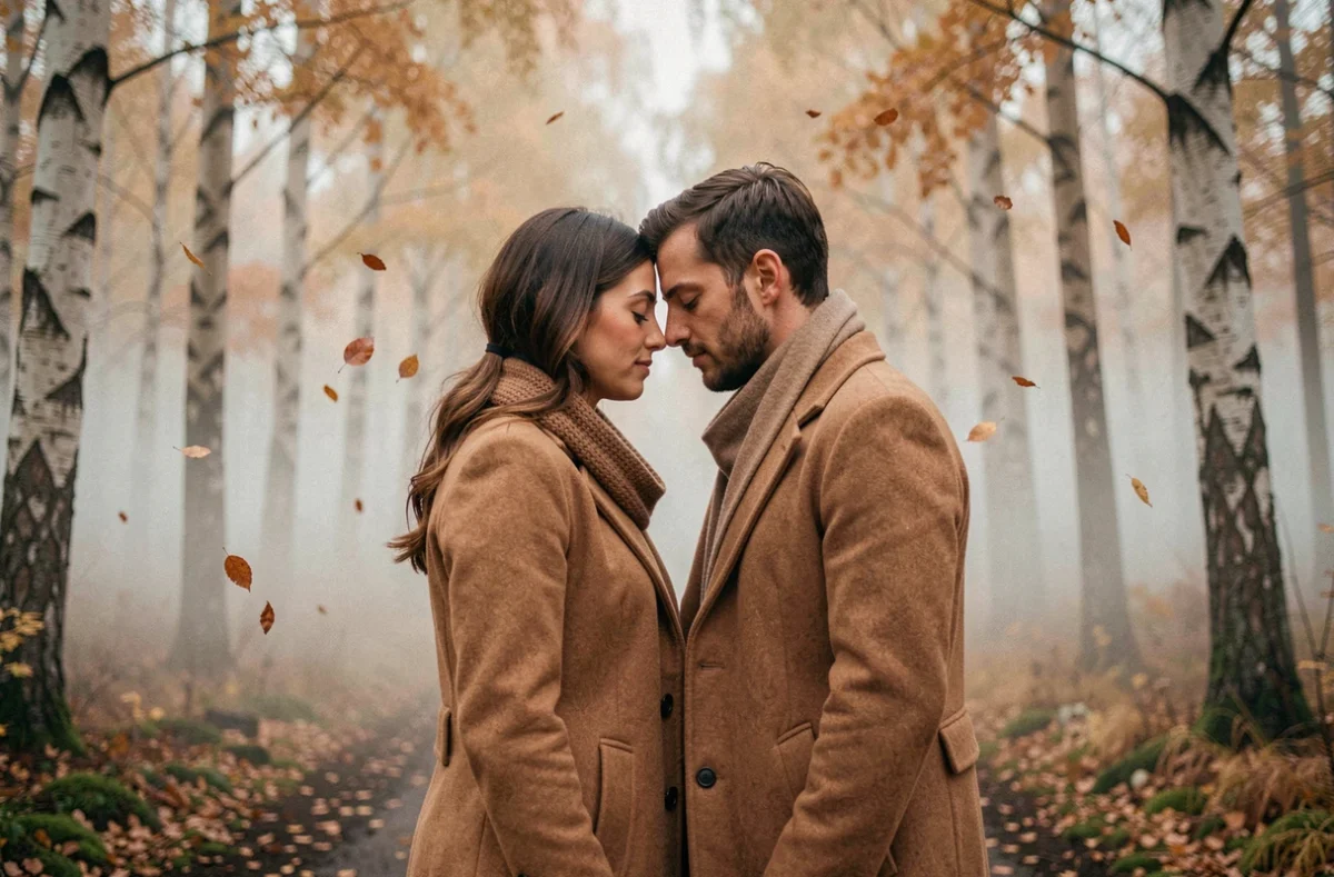 Couple face à face dans une forêt brumeuse en automne, évoquant la connexion spirituelle entre flammes jumelles