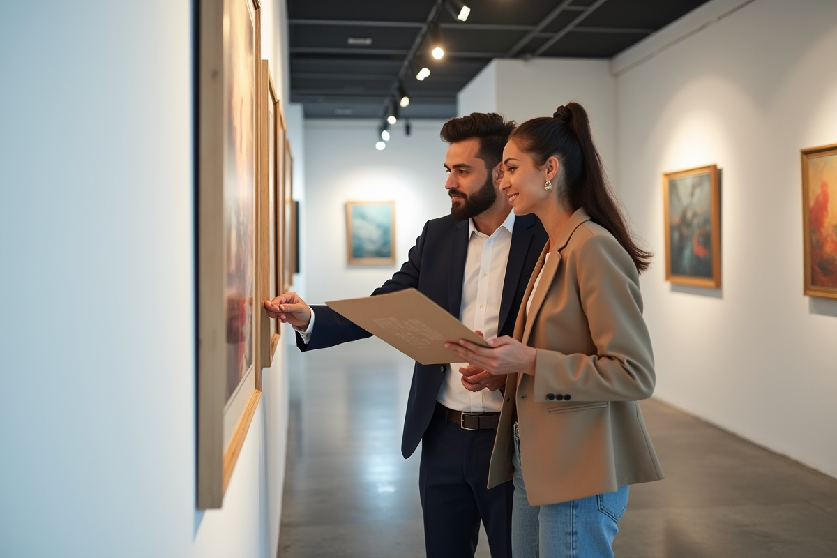 Jeune couple regardant une œuvre d