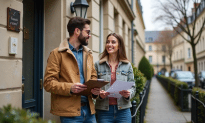 Jeune couple devant une maison à vendre à Paris