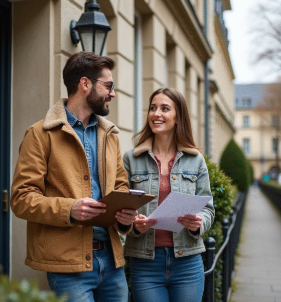 Jeune couple devant une maison à vendre à Paris