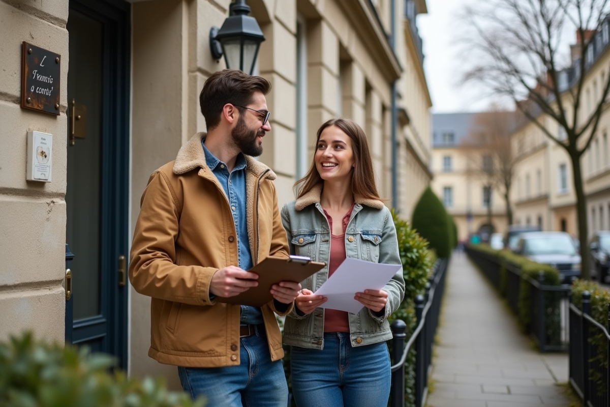 Jeune couple devant une maison à vendre à Paris