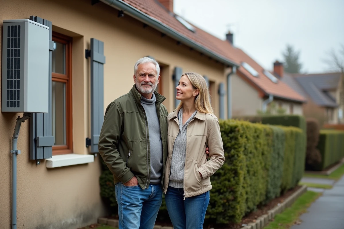 Couple observant une pompe à chaleur installée sur leur maison en réfléchissant au changement d'énergie de chauffage