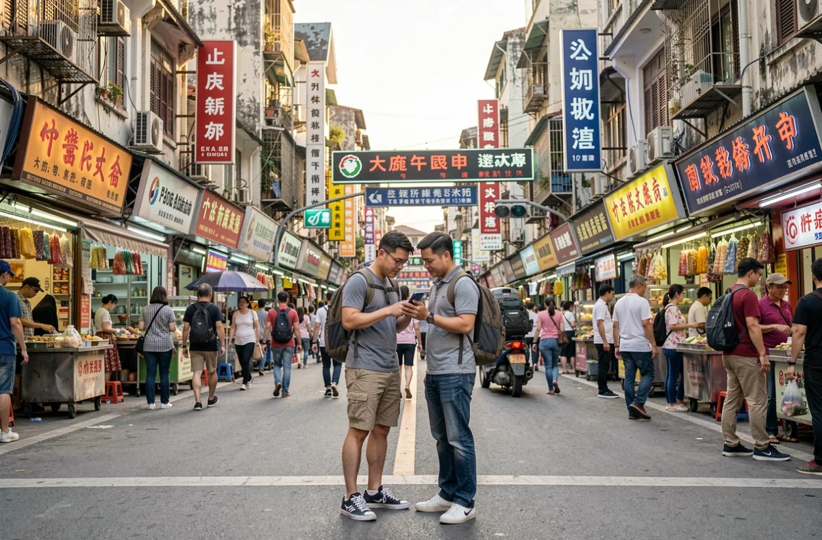 Couple de touristes naviguant avec un smartphone dans une rue commerciale animée et étrangère