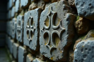Croix des Templiers gravée dans la pierre calcaire ancienne d'une chapelle médiévale