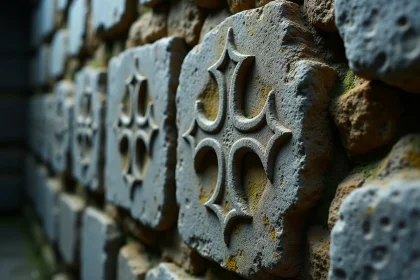 Croix des Templiers gravée dans la pierre calcaire ancienne d'une chapelle médiévale