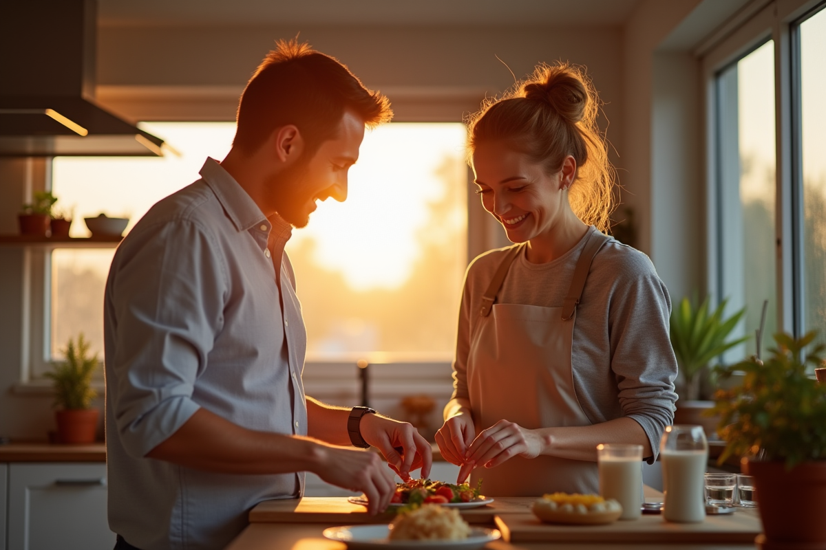 Couple marié cuisinant ensemble dans une cuisine lumineuse