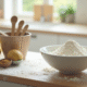 Plan de cuisine avec ustensiles de mesure et farine pour recette