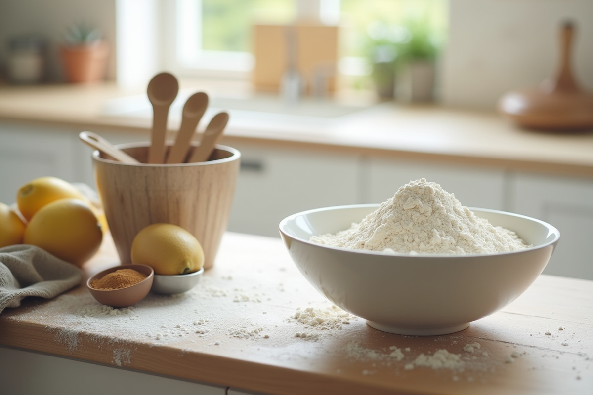 Plan de cuisine avec ustensiles de mesure et farine pour recette