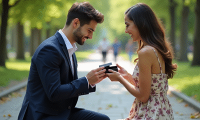 Jeune homme en costume propose une bague à sa compagne dans un parc