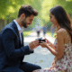 Jeune homme en costume propose une bague à sa compagne dans un parc
