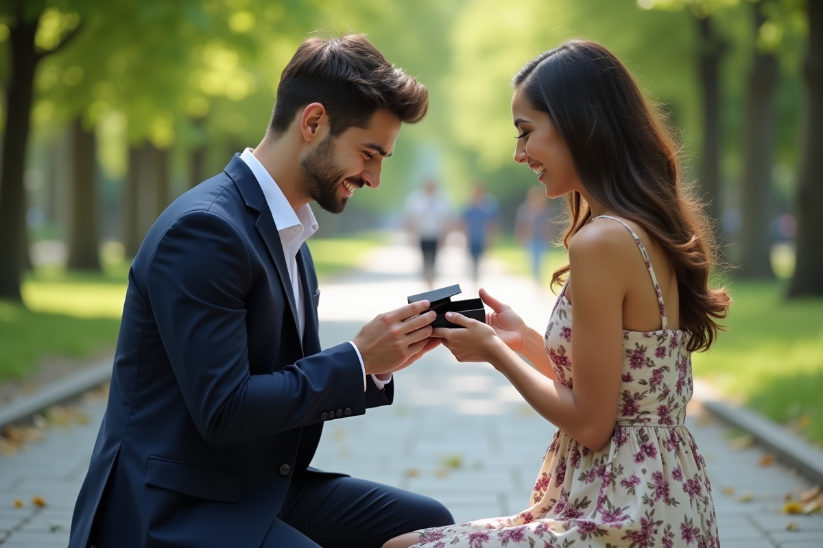 Jeune homme en costume propose une bague à sa compagne dans un parc