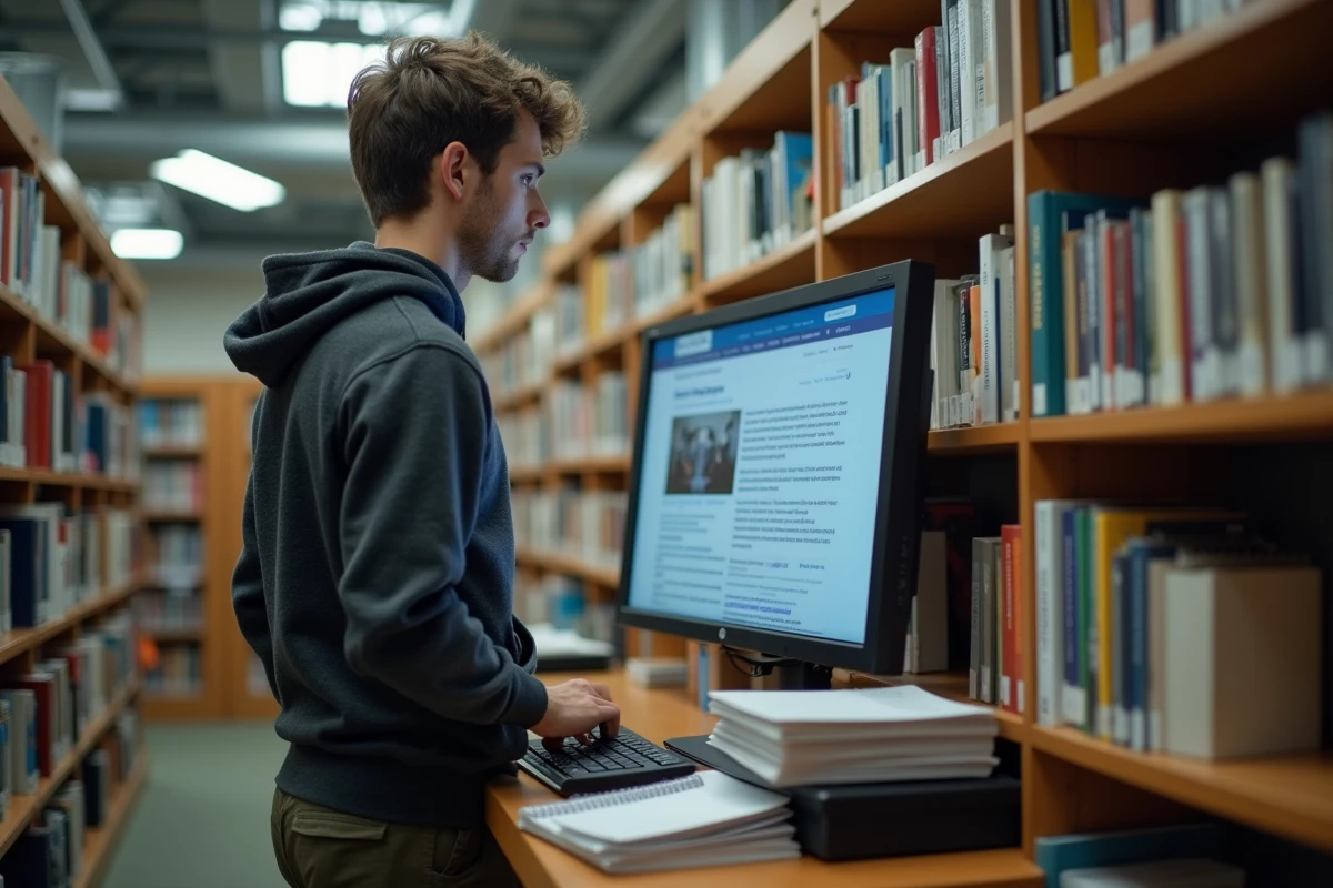 Doctorant consultant un réseau de recherche sciences et société sur ordinateur dans une bibliothèque universitaire contemporaine