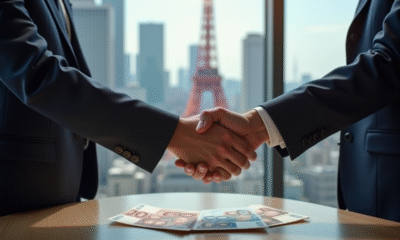 Deux professionnels français et japonais serrent la main avec des billets euro et yen en arrière-plan