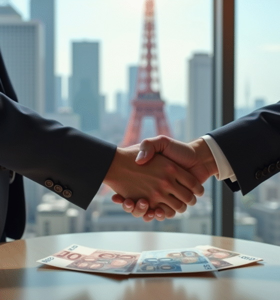 Deux professionnels français et japonais serrent la main avec des billets euro et yen en arrière-plan