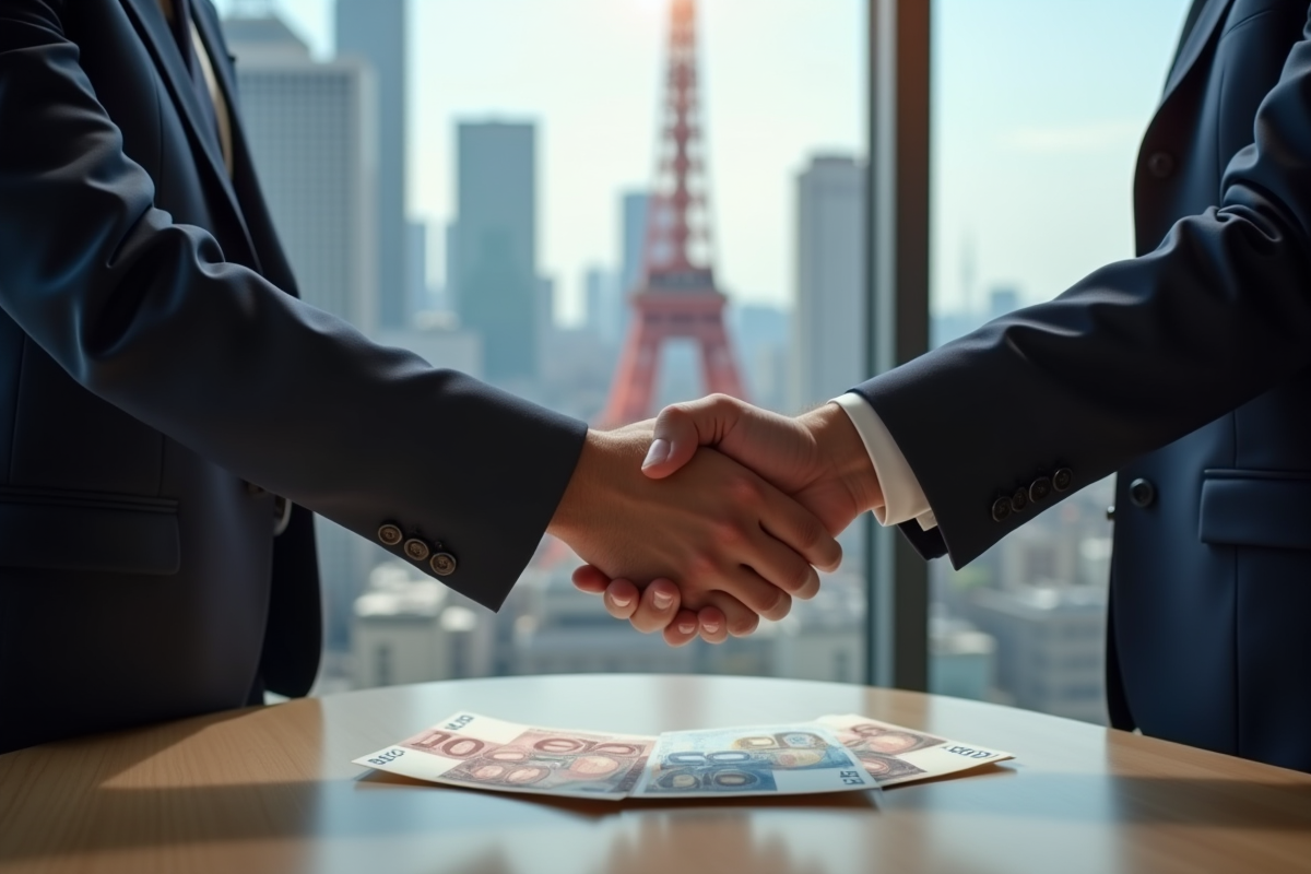 Deux professionnels français et japonais serrent la main avec des billets euro et yen en arrière-plan