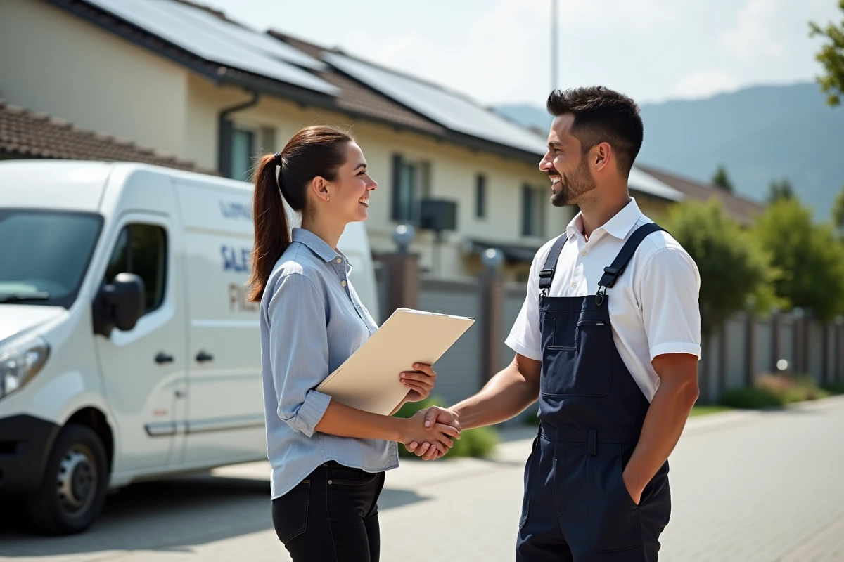 Femme d affaires serre main avec installateur solaire souriant
