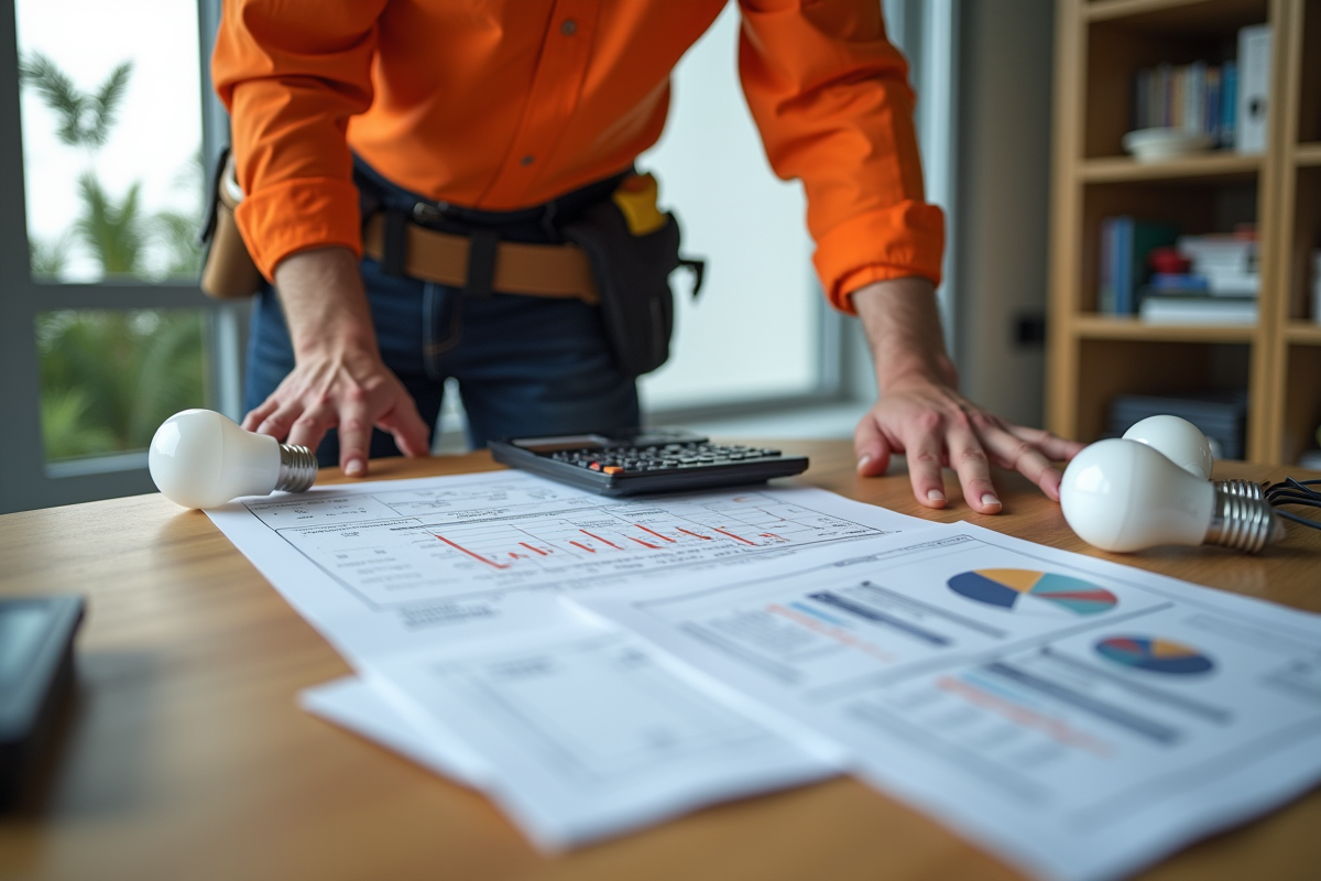 Electricien analysant plans et devis dans un bureau lumineux