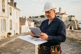 Électricien professionnel devant les facades typiques de La Rochelle, représentant le secteur de l'électricité dans la ville