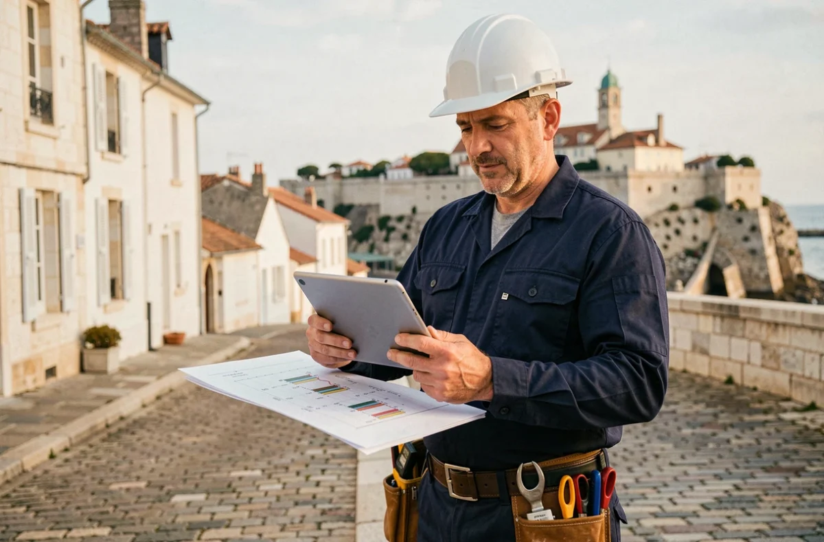 Électricien professionnel devant les facades typiques de La Rochelle, représentant le secteur de l'électricité dans la ville