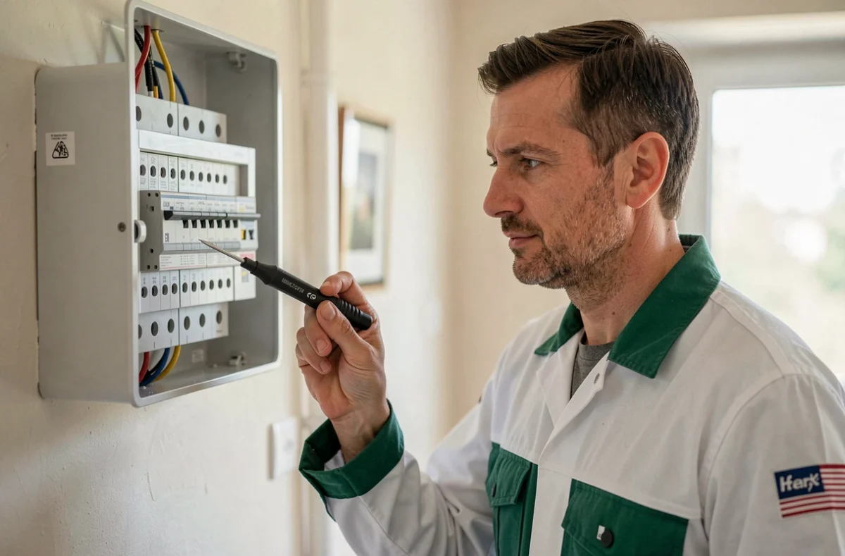 Électricien d'Electriclim vérifiant un tableau de fusibles dans une résidence à La Rochelle